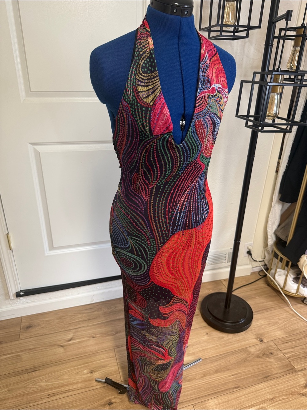 Halter Maxi Dress in Multicolor Swirl Print